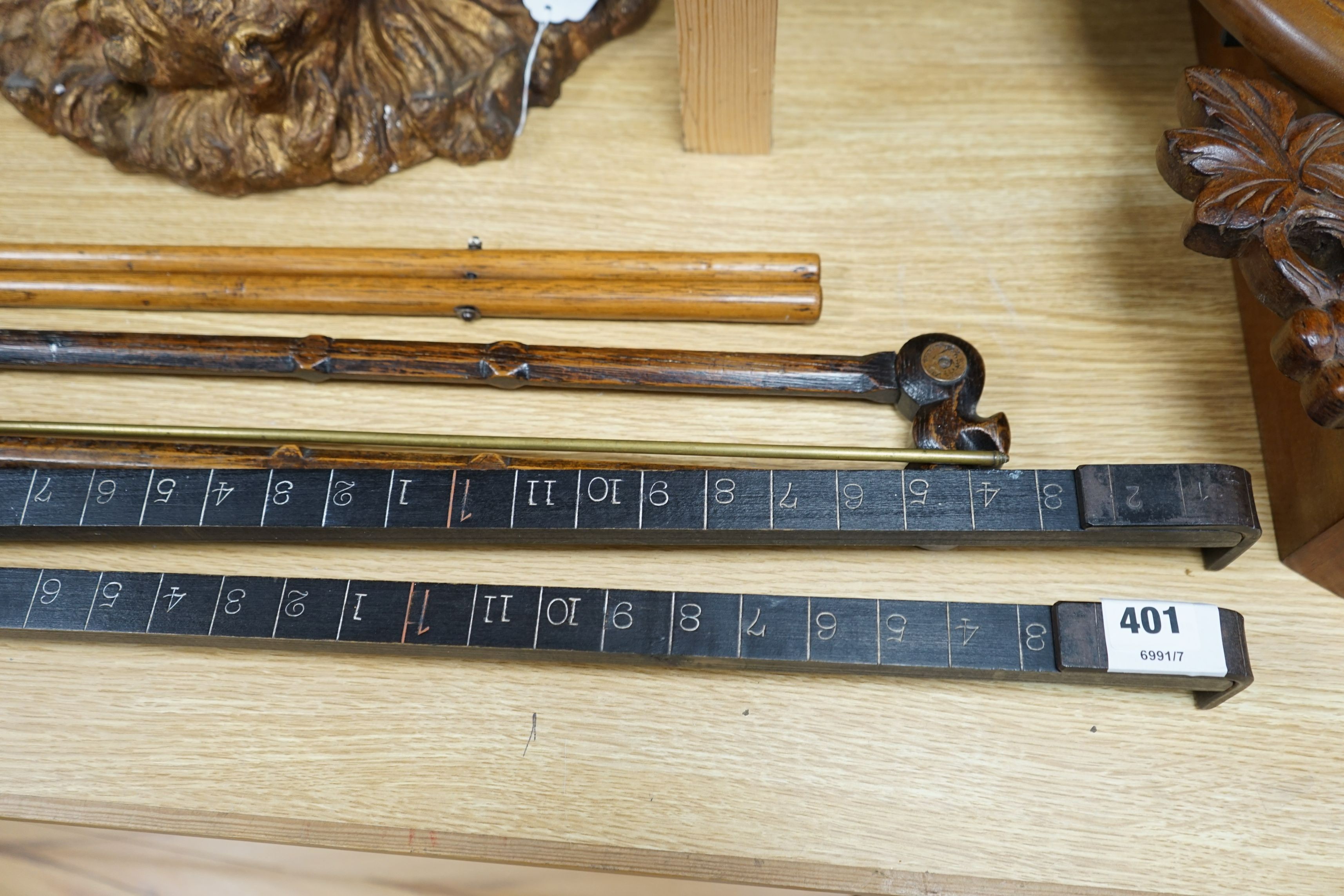 A pair of Bentley & Taylor rail measures together with other tools, longest 120cm